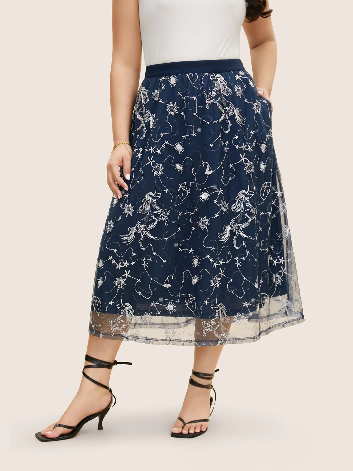 Star Embroidered Patchwork Mesh Pocket Skirt sold by Bloomchic