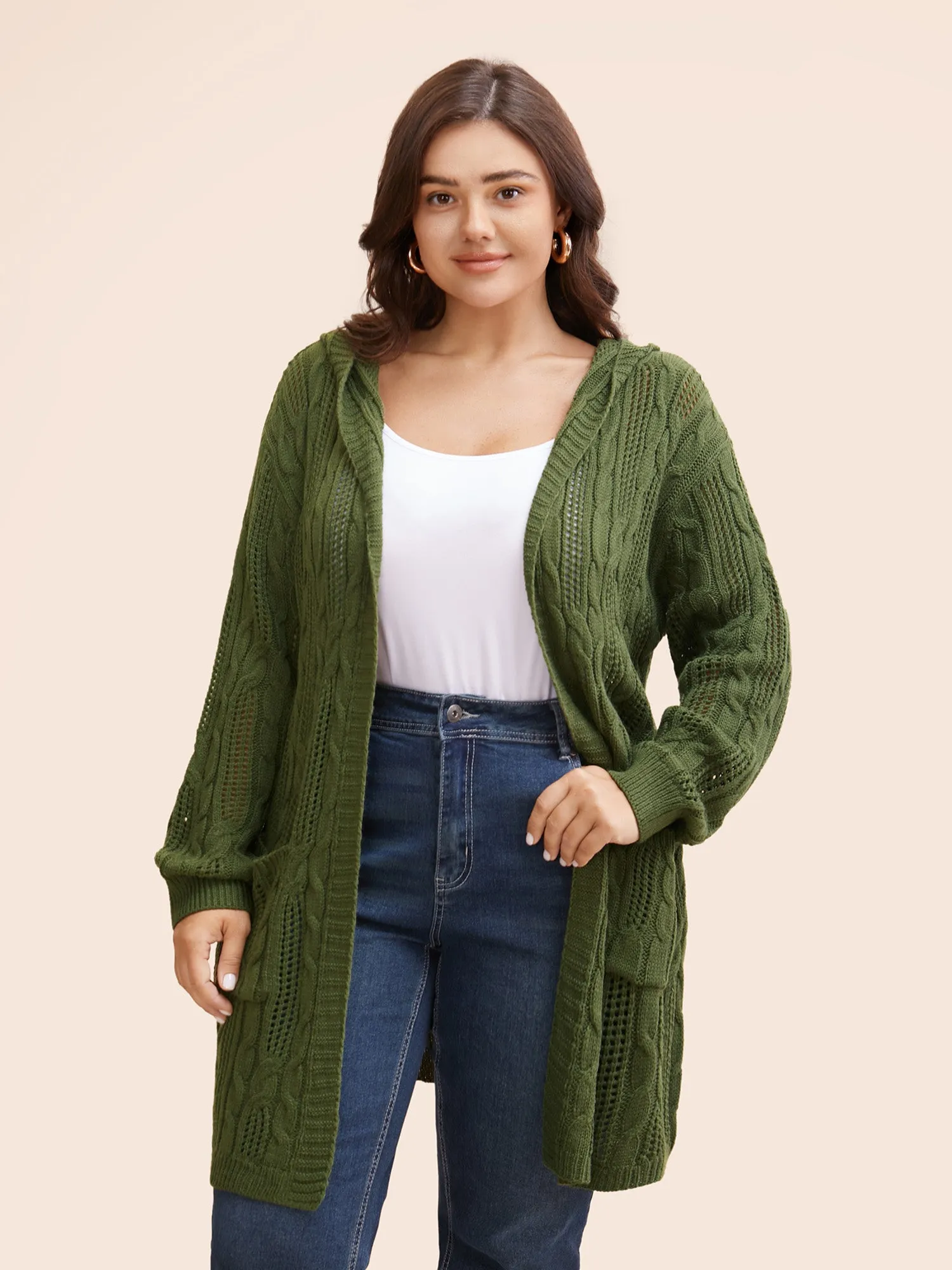 Hooded Cable Knit Open Front Cardigan sold by Bloomchic product image thumbnail 5