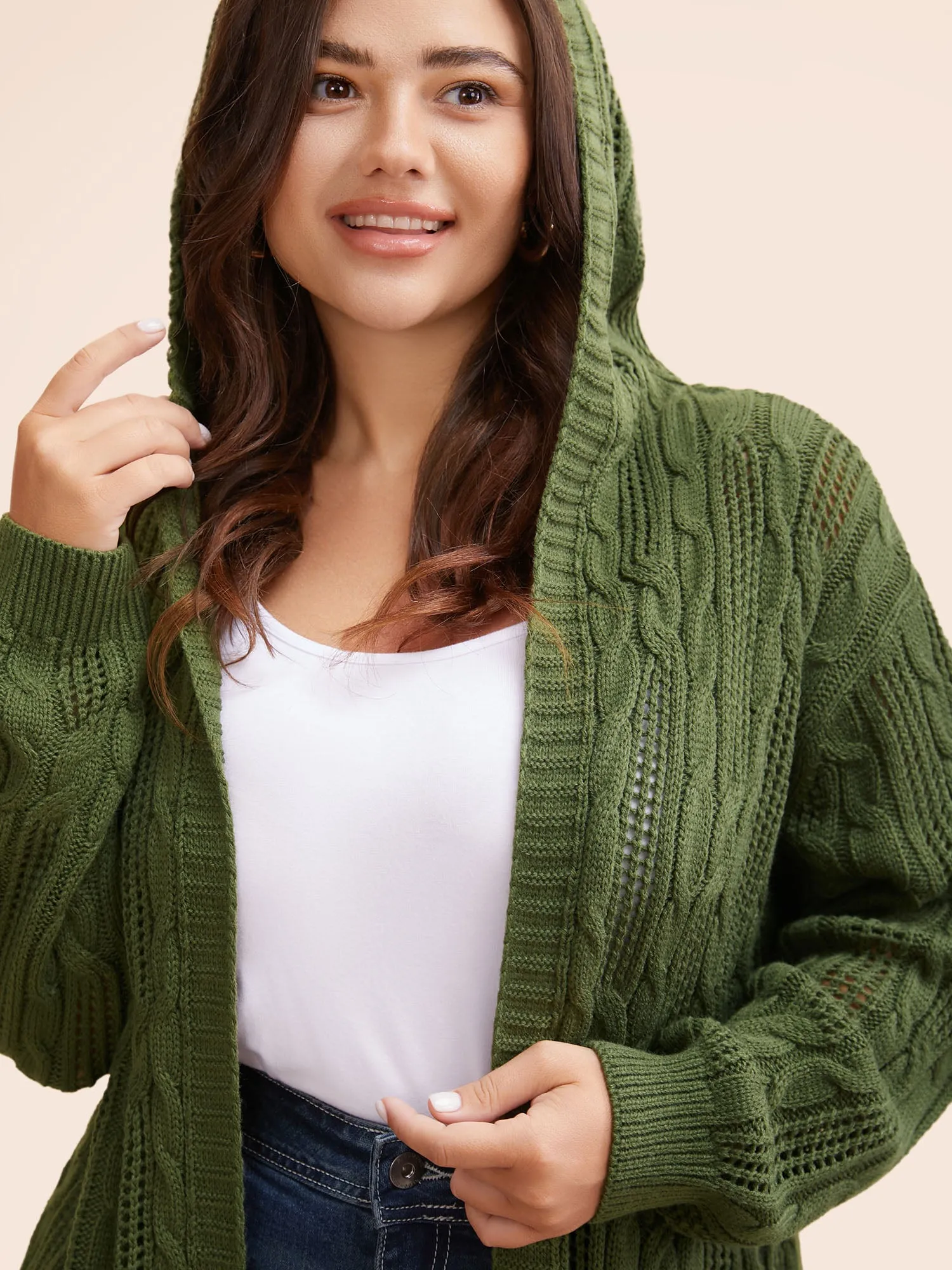 Hooded Cable Knit Open Front Cardigan sold by Bloomchic product image thumbnail 4