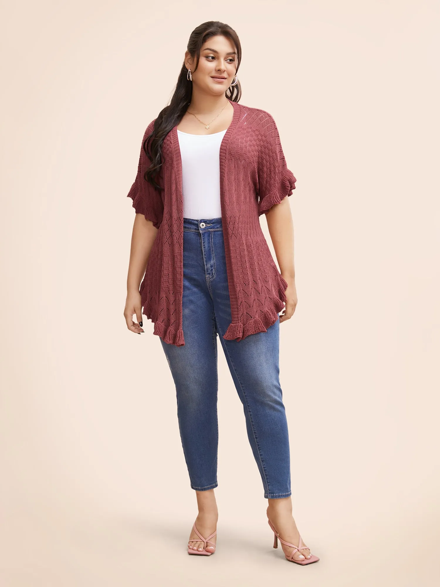 Plain Ruffles Pointelle Knit Cardigan sold by Bloomchic product image thumbnail 4