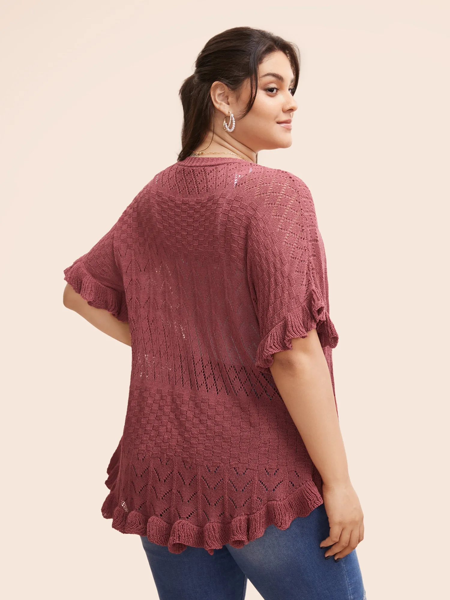 Plain Ruffles Pointelle Knit Cardigan sold by Bloomchic product image thumbnail 2