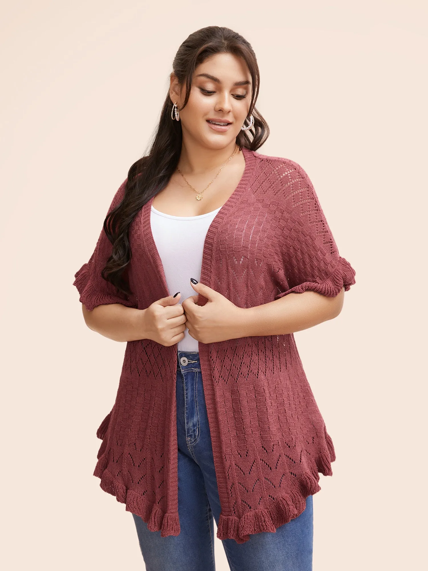 Plain Ruffles Pointelle Knit Cardigan sold by Bloomchic