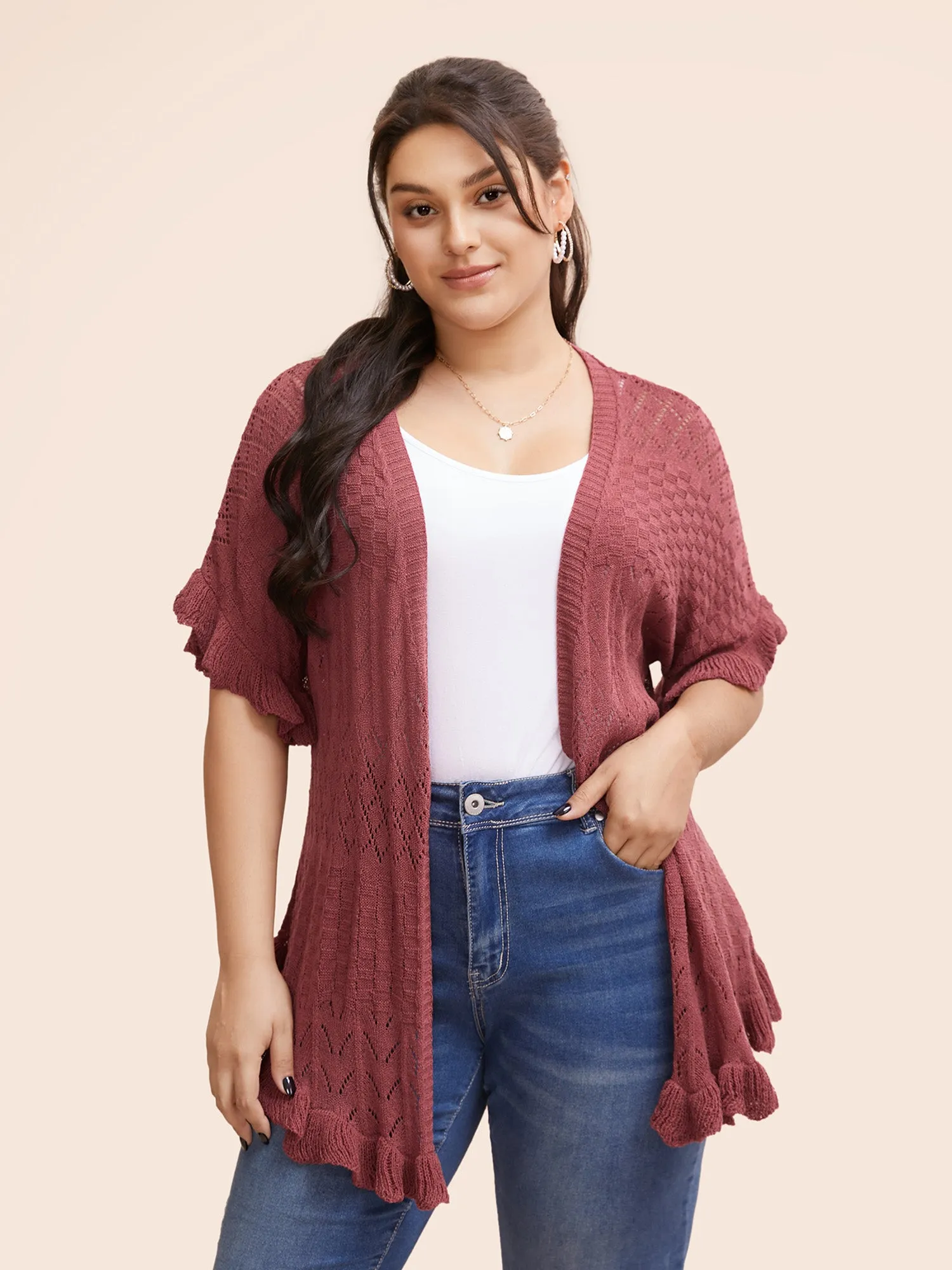 Plain Ruffles Pointelle Knit Cardigan sold by Bloomchic product image thumbnail 3