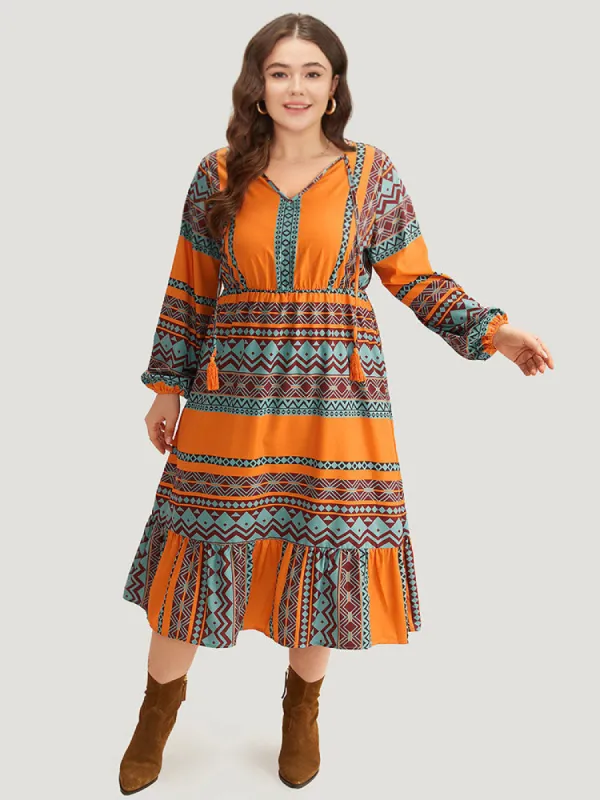 Boho Print Tassel Tie Neck Dress sold by Bloomchic