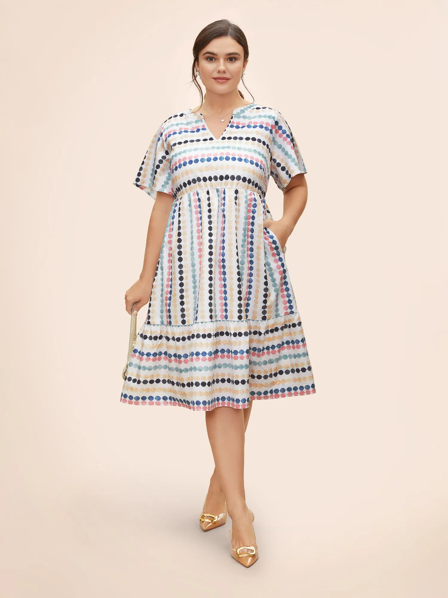 Dot Print Elastic Waist Split Neck Midi Dress sold by Bloomchic product image thumbnail 3