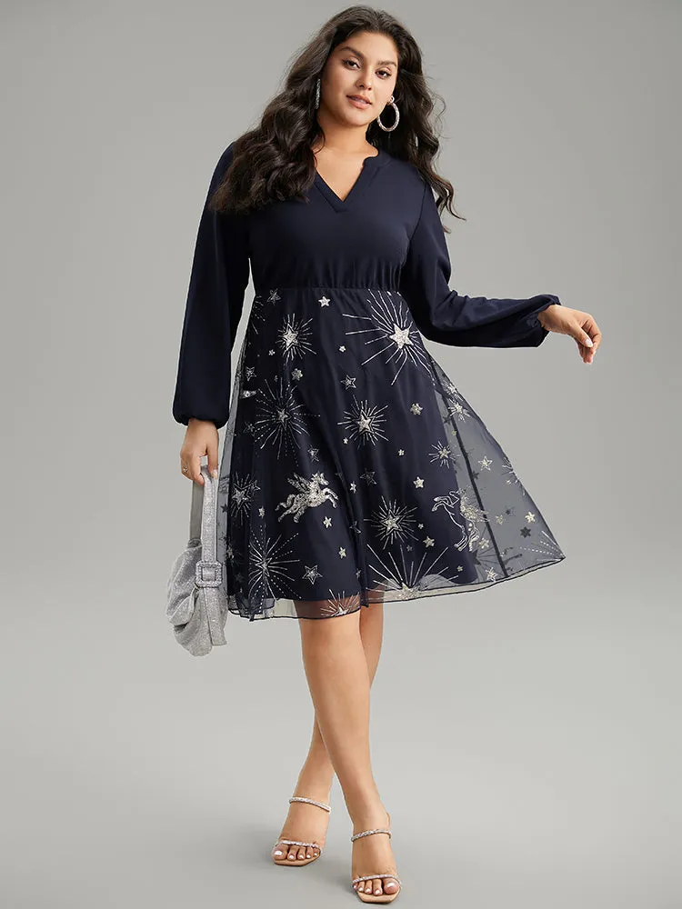 Star Glitter Mesh Patchwork Notched Dress sold by Bloomchic product image thumbnail 2