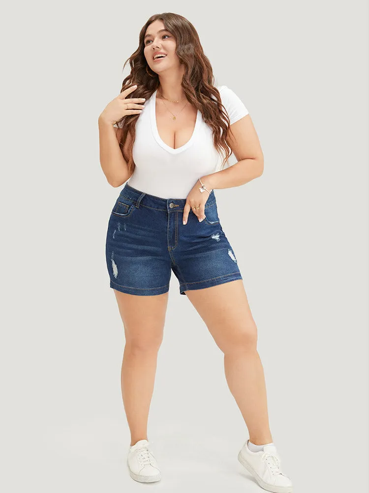 Moderately Stretchy High Rise Dark Wash Distressed Denim Shorts sold by Bloomchic product image thumbnail 2
