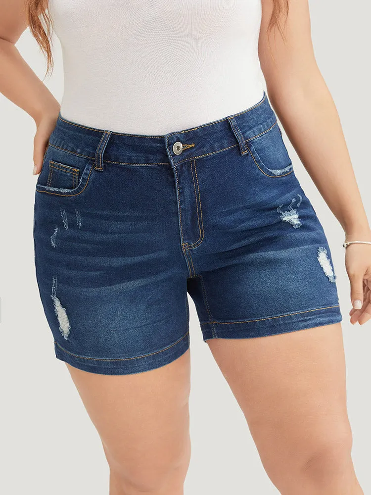 Moderately Stretchy High Rise Dark Wash Distressed Denim Shorts sold by Bloomchic product image thumbnail 4