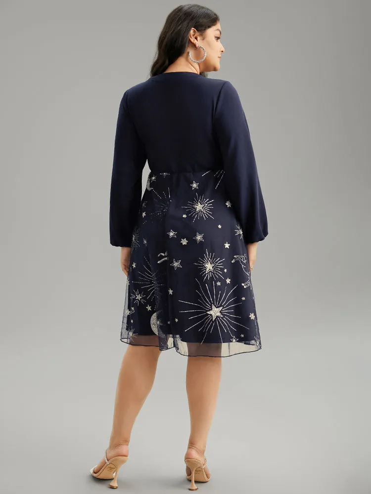 Star Glitter Mesh Patchwork Notched Dress sold by Bloomchic product image thumbnail 3