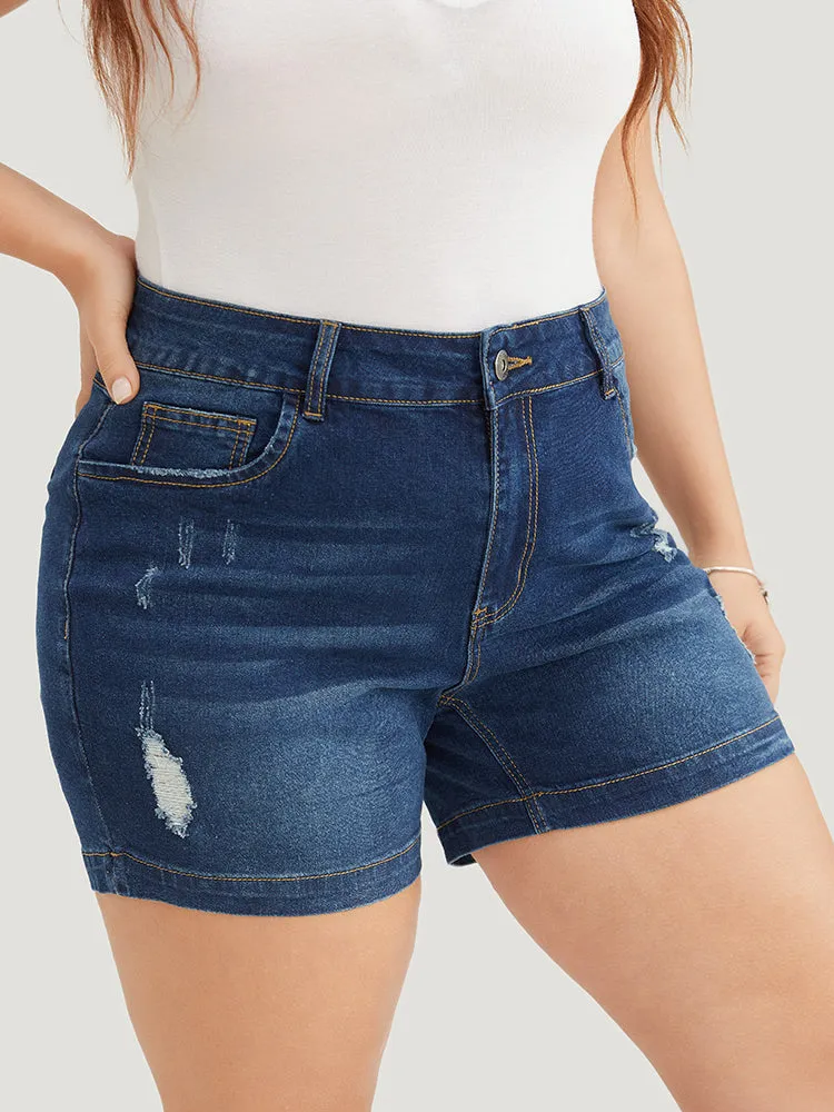 Moderately Stretchy High Rise Dark Wash Distressed Denim Shorts sold by Bloomchic product image thumbnail 3