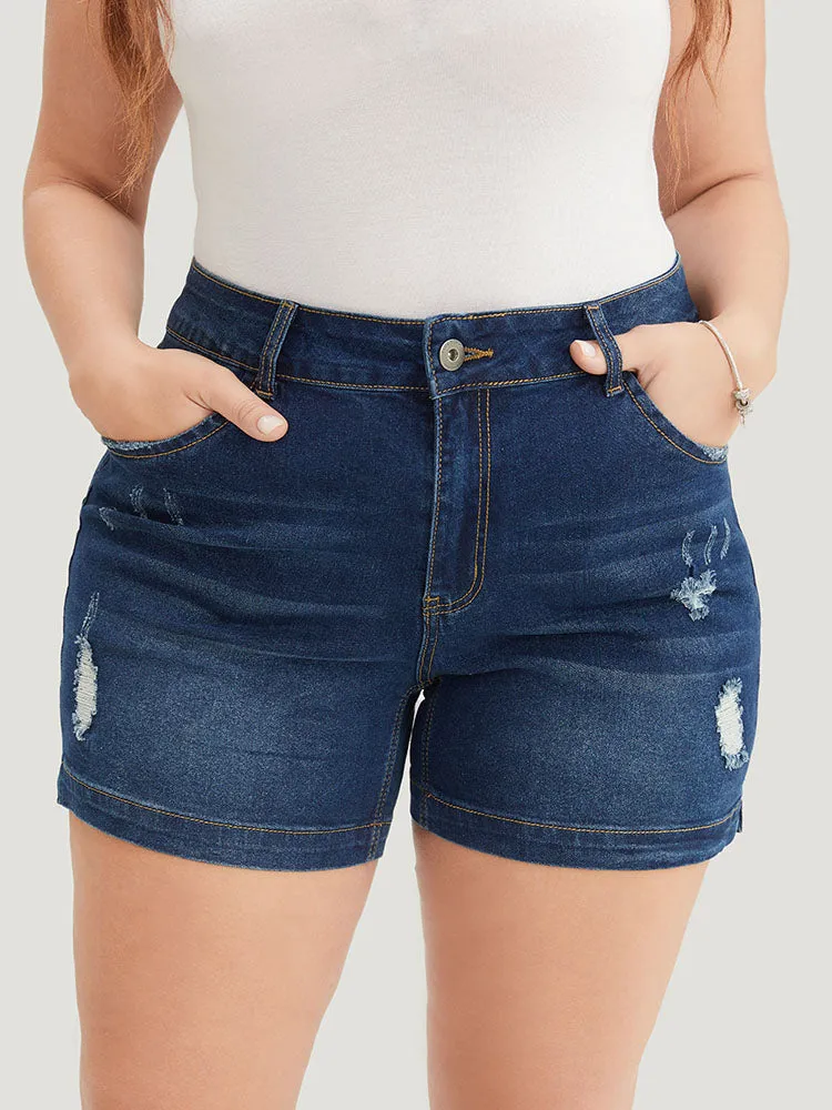 Moderately Stretchy High Rise Dark Wash Distressed Denim Shorts sold by Bloomchic