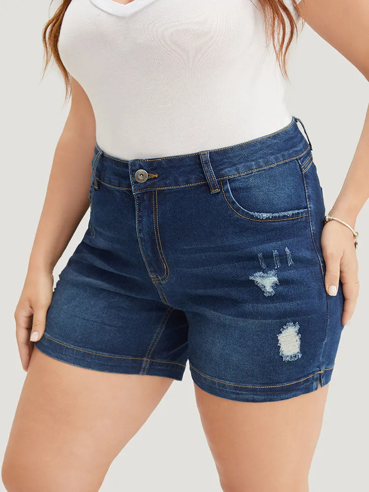 Moderately Stretchy High Rise Dark Wash Distressed Denim Shorts sold by Bloomchic product image thumbnail 5