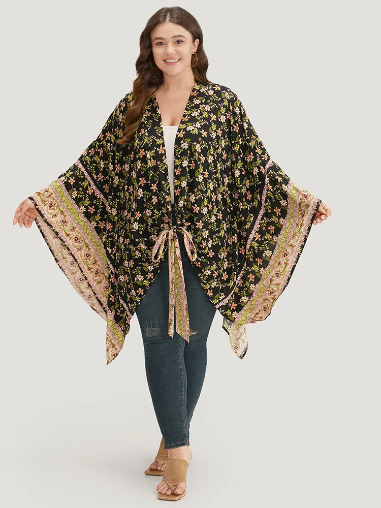 Floral Print Bowknot Front Batwing Sleeve Kimono sold by Bloomchic