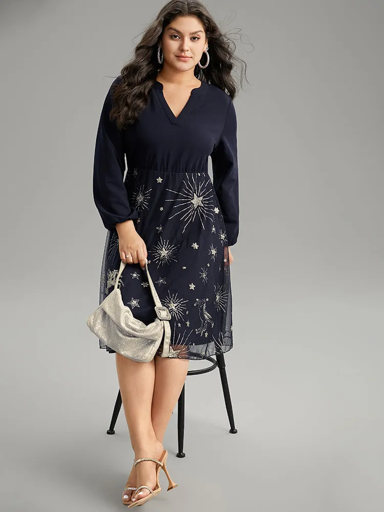 Star Glitter Mesh Patchwork Notched Dress sold by Bloomchic product image thumbnail 4