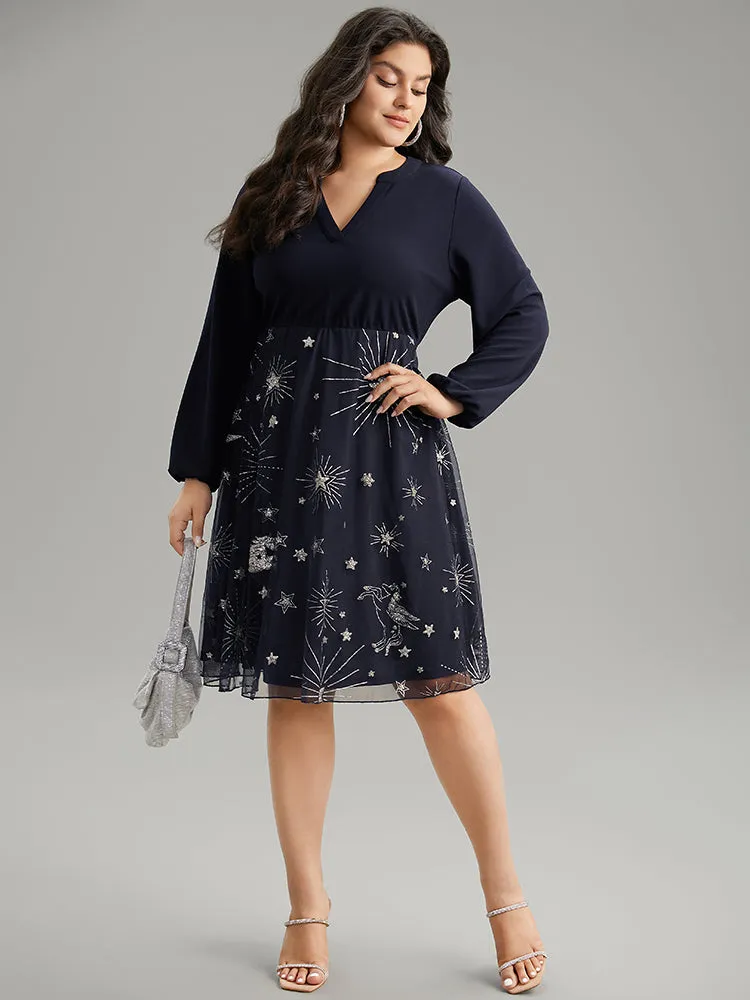 Star Glitter Mesh Patchwork Notched Dress sold by Bloomchic