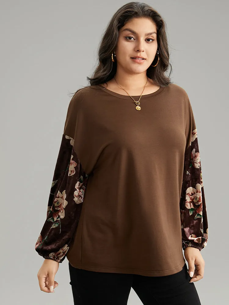 Velvet Floral Print Patchwork Contrast Sweatshirt sold by Bloomchic product image thumbnail 4