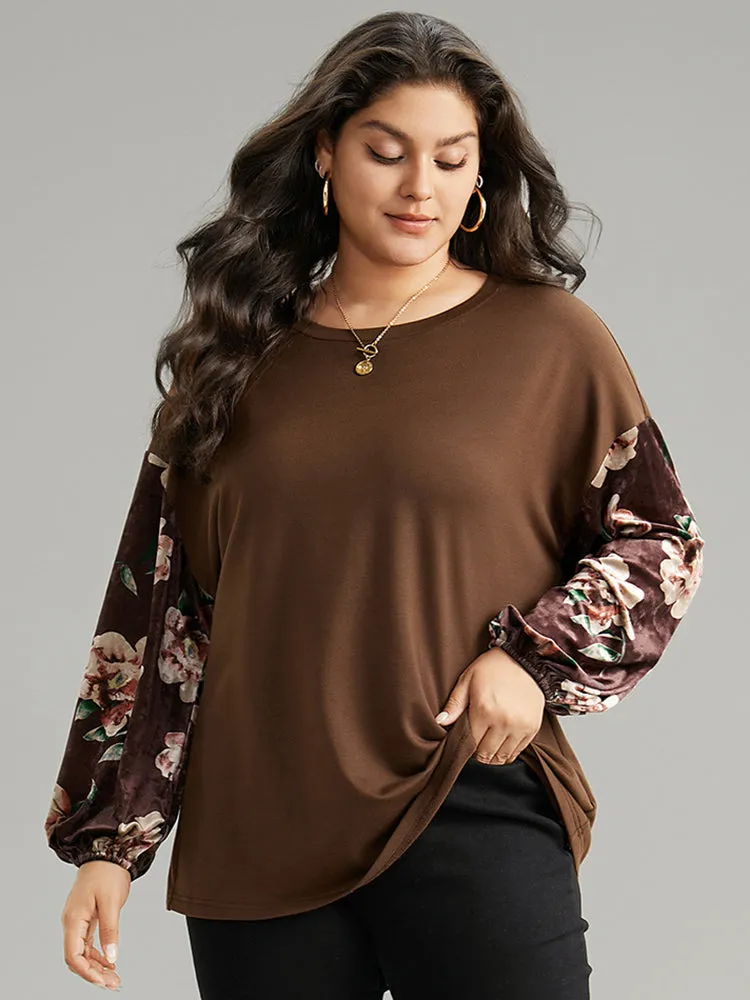 Velvet Floral Print Patchwork Contrast Sweatshirt sold by Bloomchic