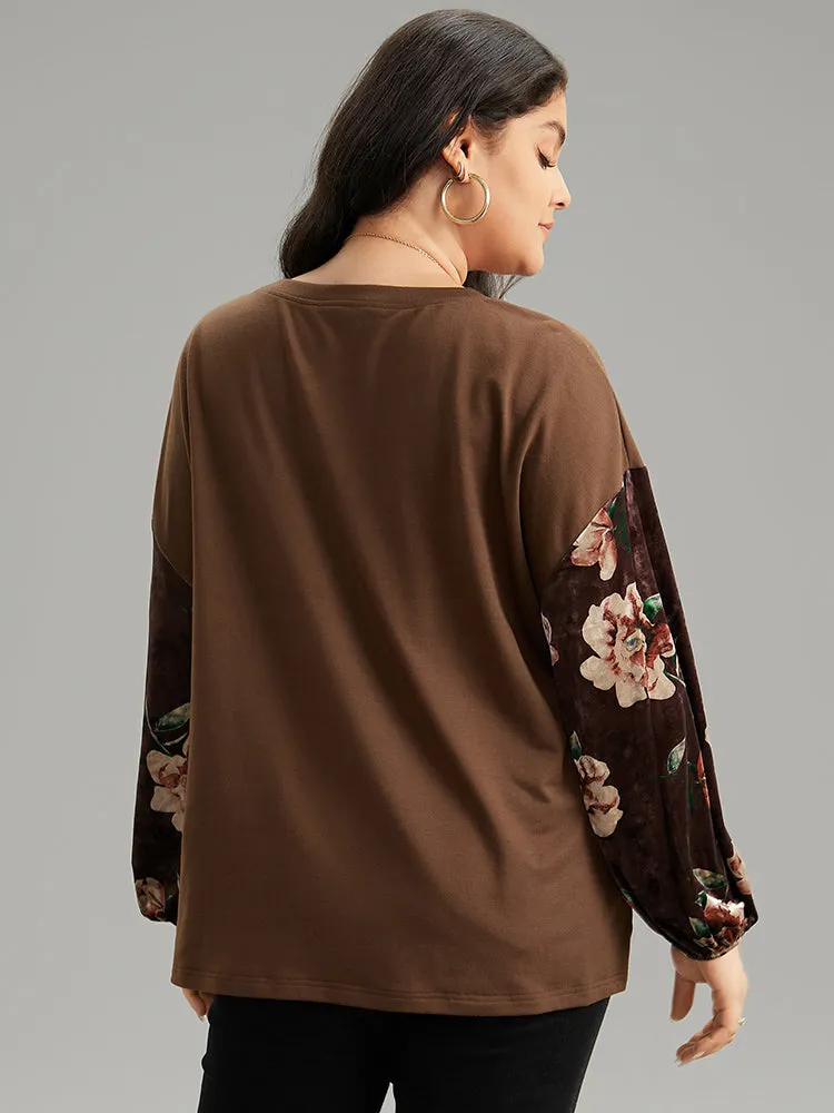 Velvet Floral Print Patchwork Contrast Sweatshirt sold by Bloomchic product image thumbnail 5