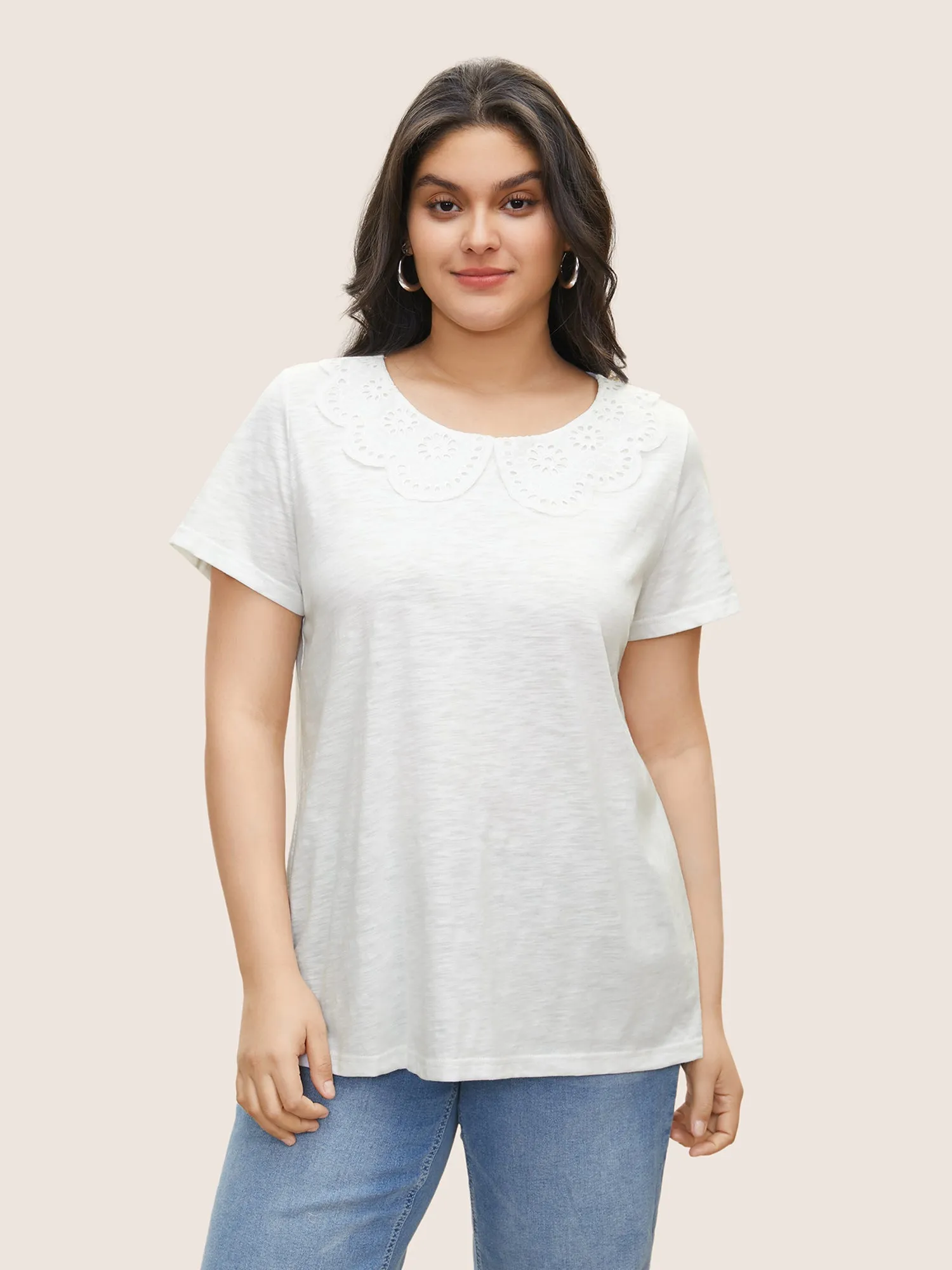Solid Broderie Anglaise Peter Pan Collar T-shirt sold by Bloomchic