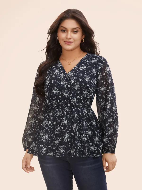 Floral Overlap Collar Lantern Sleeve Blouse sold by Bloomchic