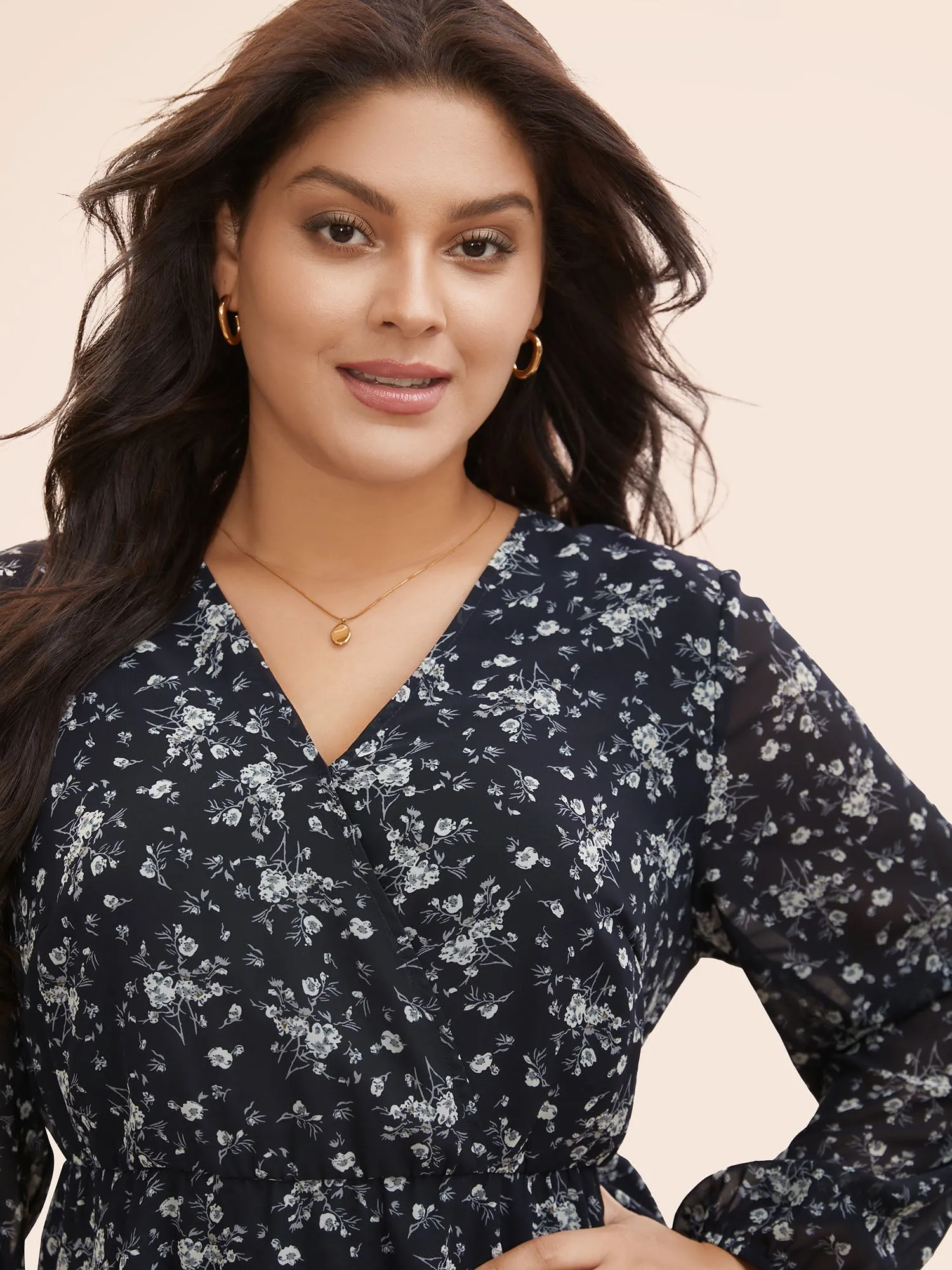 Floral Overlap Collar Lantern Sleeve Blouse sold by Bloomchic product image thumbnail 3