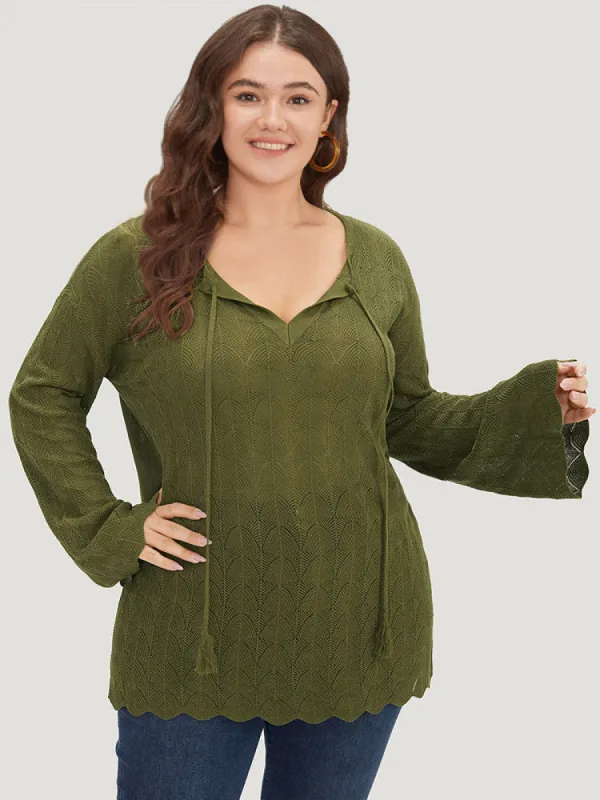 Solid Ties Bell Sleeve Scalloped Trim Breathable Pullover sold by Bloomchic