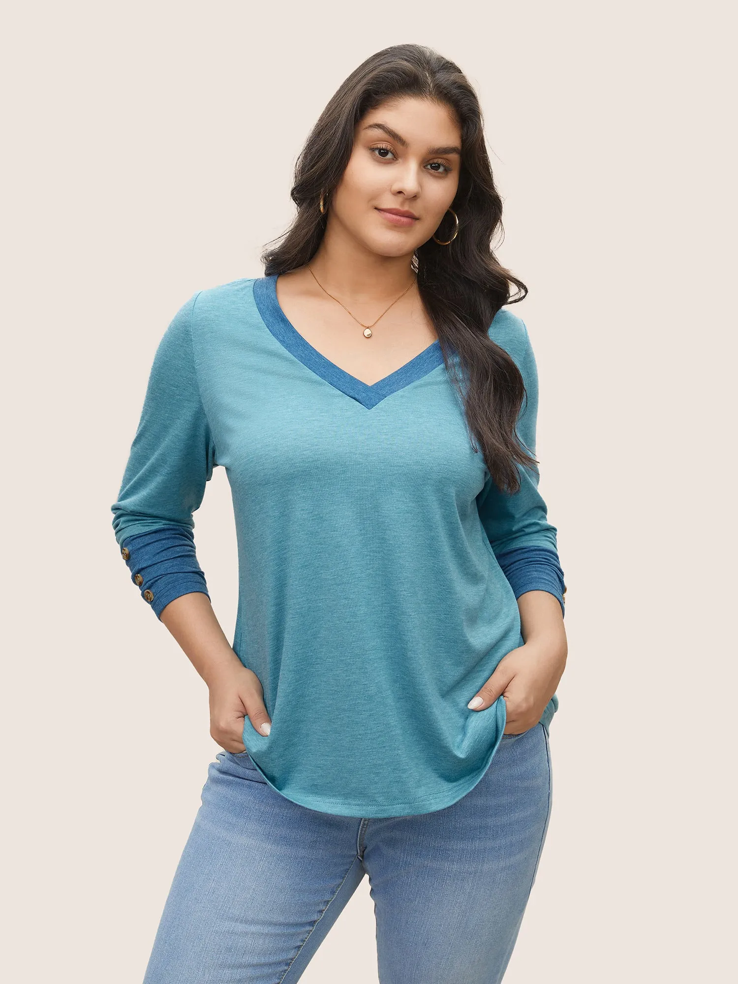 Contrast Patchwork Button Detail T-shirt sold by Bloomchic product image thumbnail 4