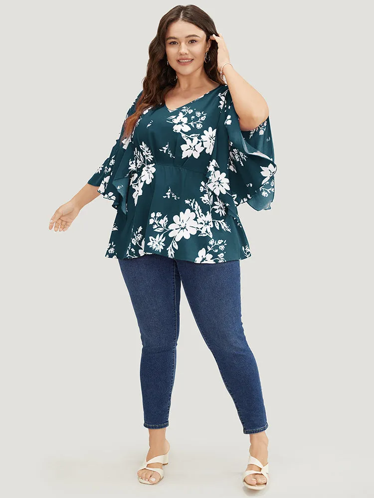 Floral Printed Plicated Detail Flutter Sleeve Blouse sold by Bloomchic product image thumbnail 3