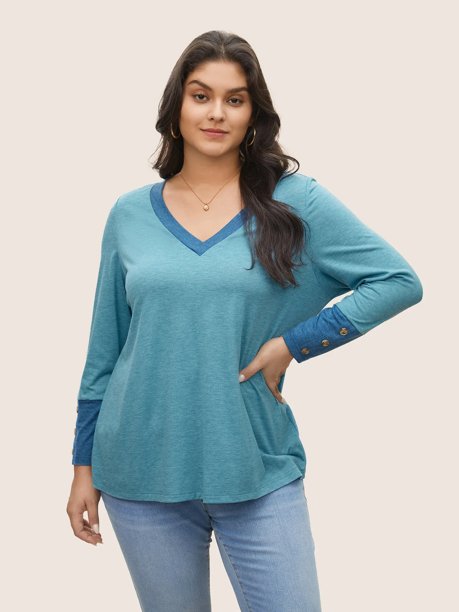 Contrast Patchwork Button Detail T-shirt sold by Bloomchic