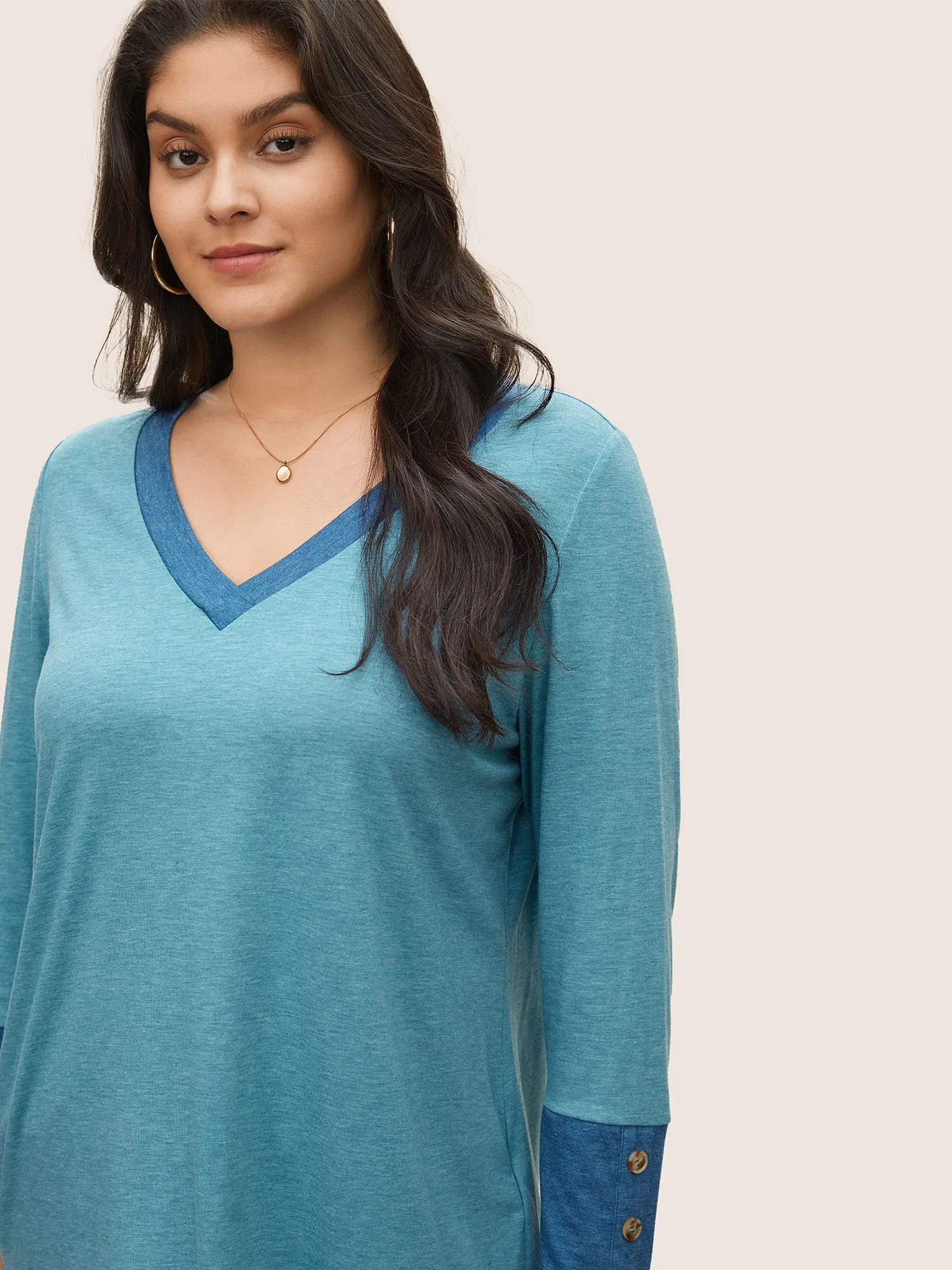 Contrast Patchwork Button Detail T-shirt sold by Bloomchic product image thumbnail 5