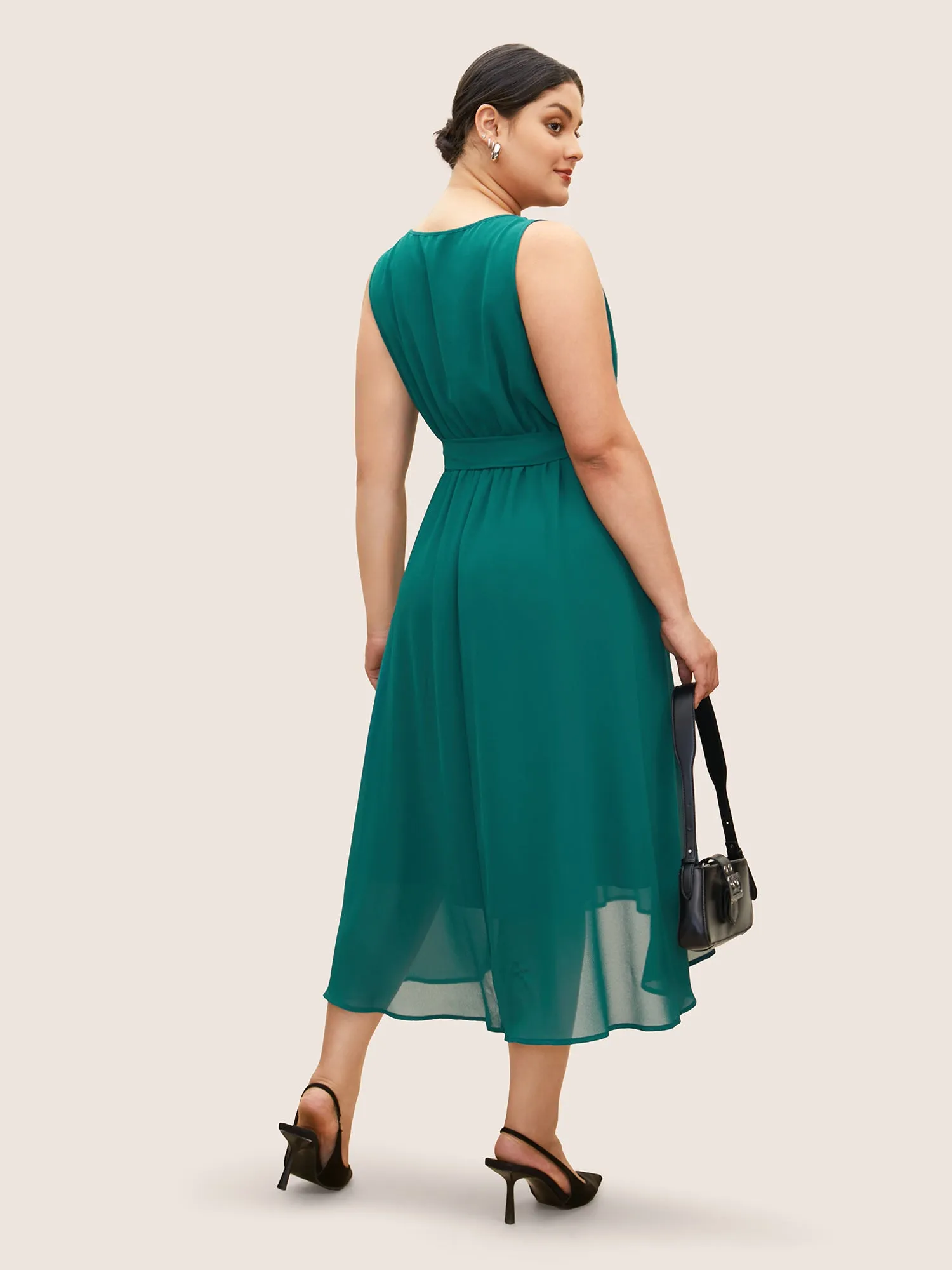 Solid Keyhole Gathered Belted Sleeveless Dress sold by Bloomchic product image thumbnail 2