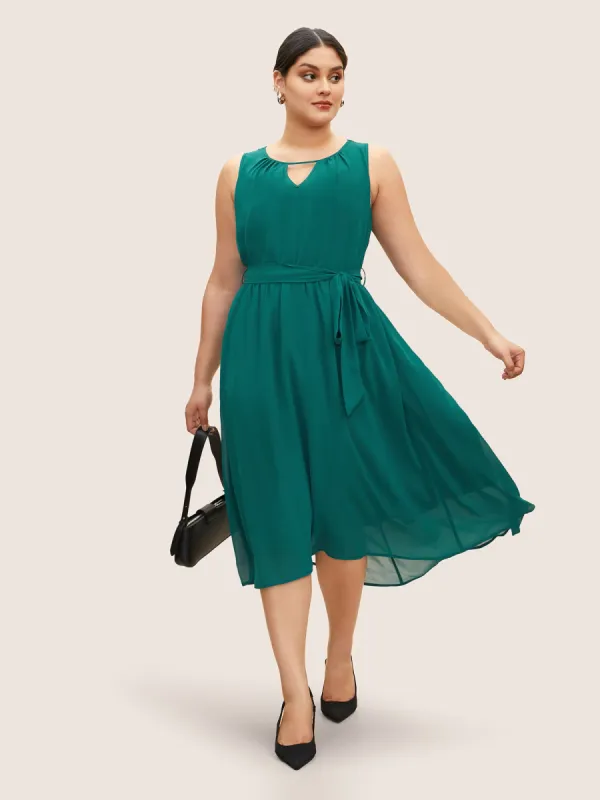 Solid Keyhole Gathered Belted Sleeveless Dress sold by Bloomchic