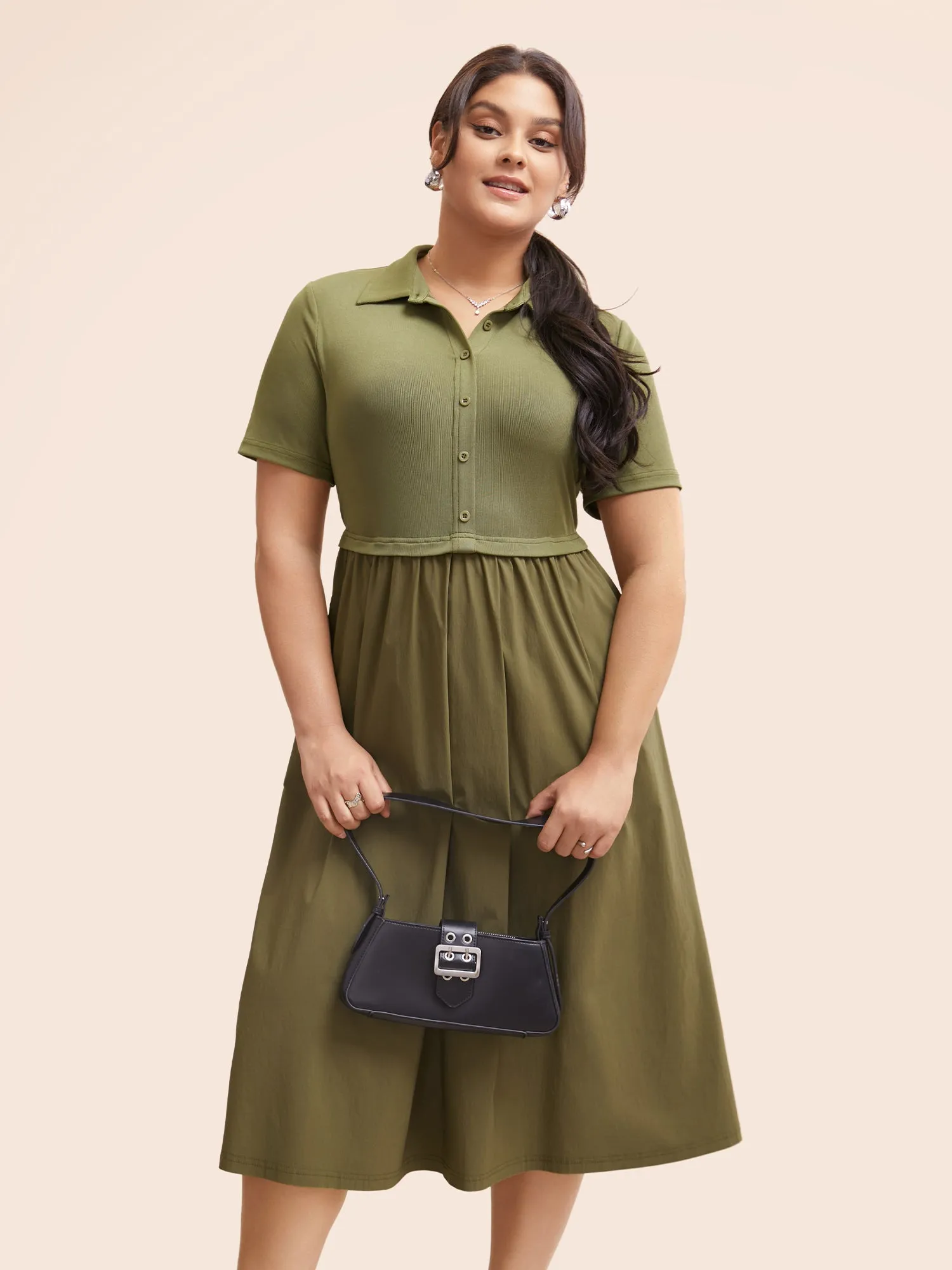 Stretch Woven Waist-Cinching Midi Dress sold by Bloomchic