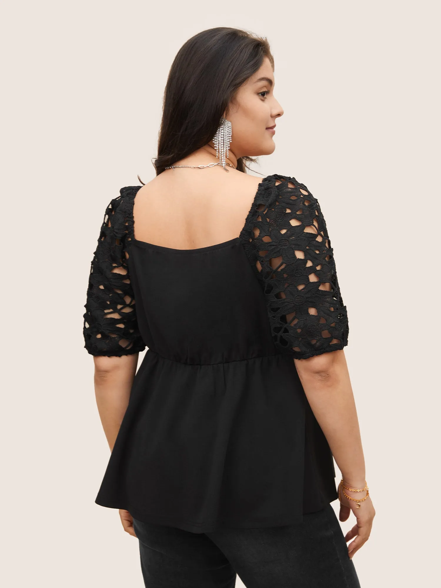 Lace Panel Cut Out Notched Blouse sold by Bloomchic product image thumbnail 4