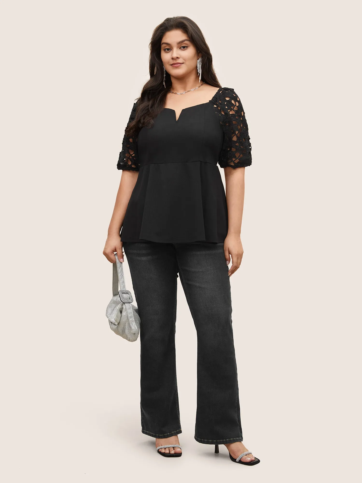 Lace Panel Cut Out Notched Blouse sold by Bloomchic product image thumbnail 2