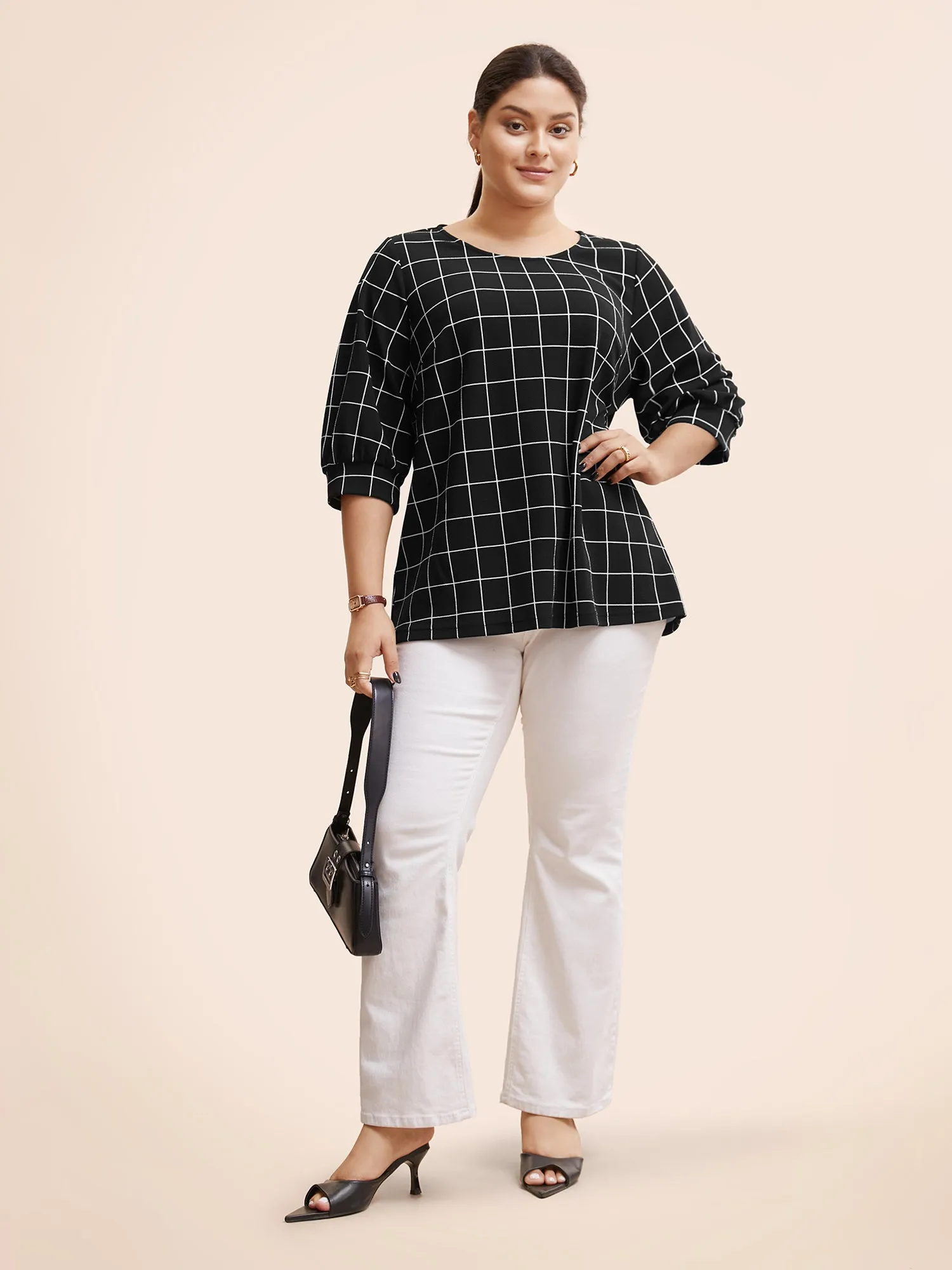 Plaid Round Neck Lantern Sleeve T-shirt sold by Bloomchic product image thumbnail 2