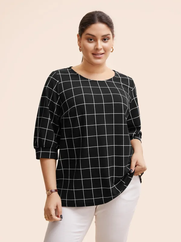 Plaid Round Neck Lantern Sleeve T-shirt made by Bloomchic
