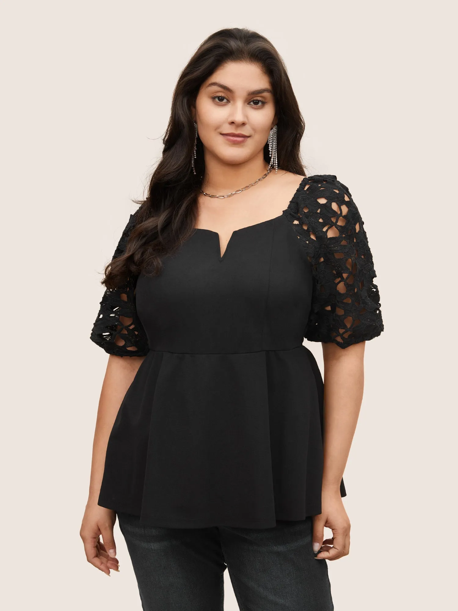 Lace Panel Cut Out Notched Blouse sold by Bloomchic
