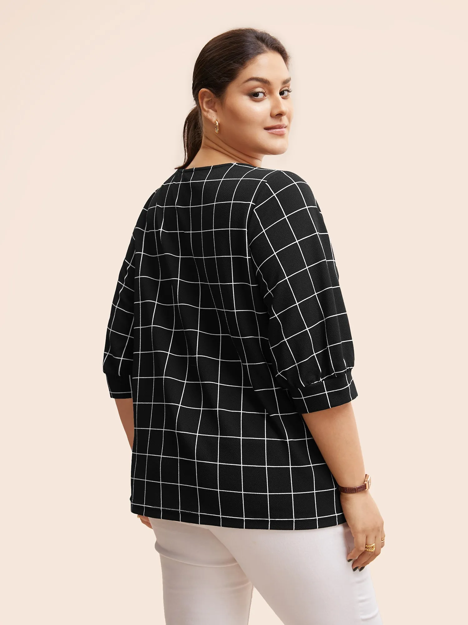 Plaid Round Neck Lantern Sleeve T-shirt sold by Bloomchic product image thumbnail 3