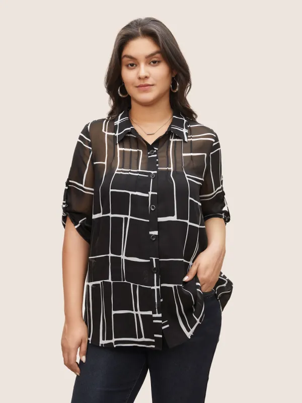 Geometric Mesh Pleated Tab Sleeve Blouse sold by Bloomchic