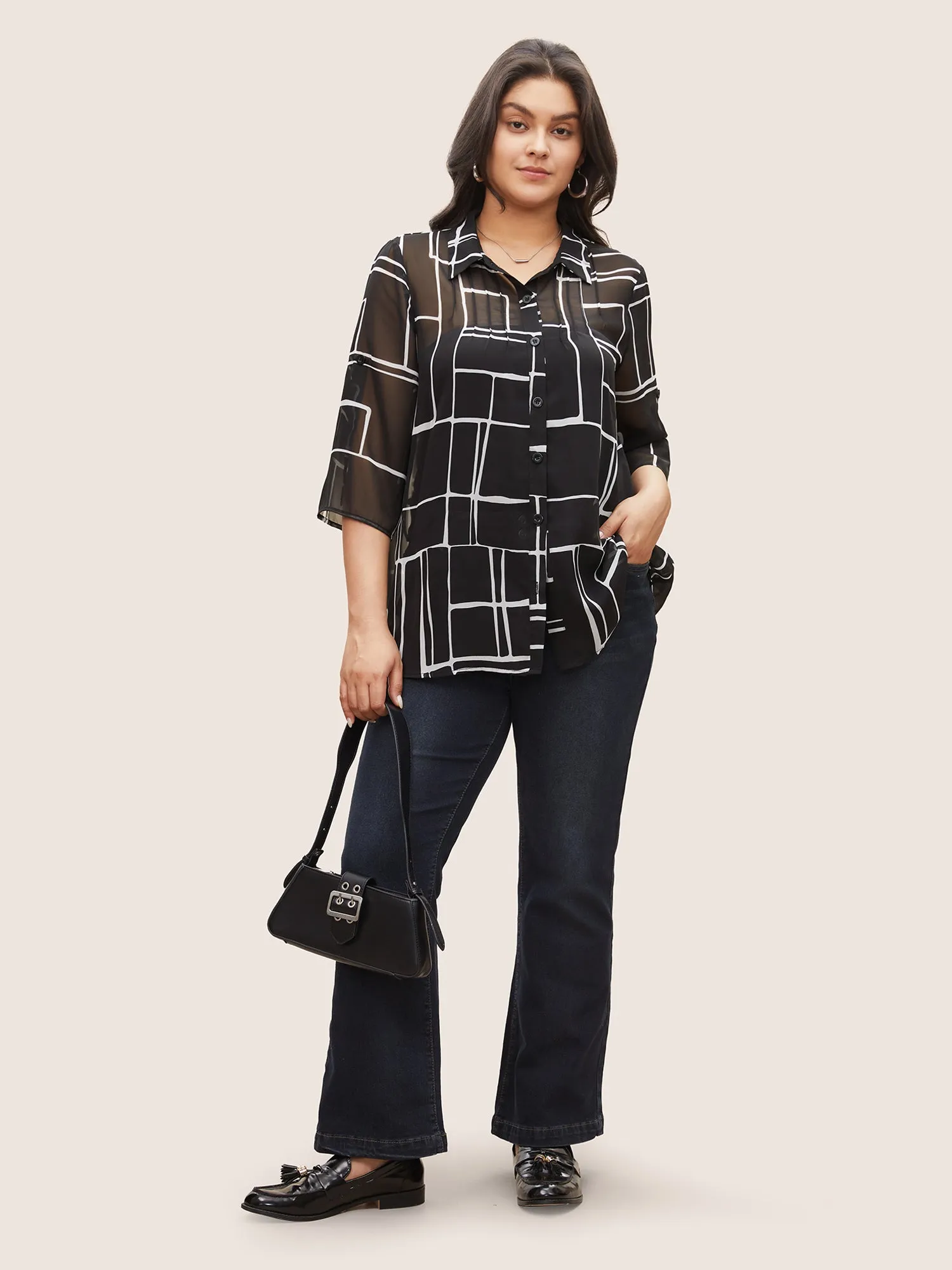 Geometric Mesh Pleated Tab Sleeve Blouse sold by Bloomchic product image thumbnail 2