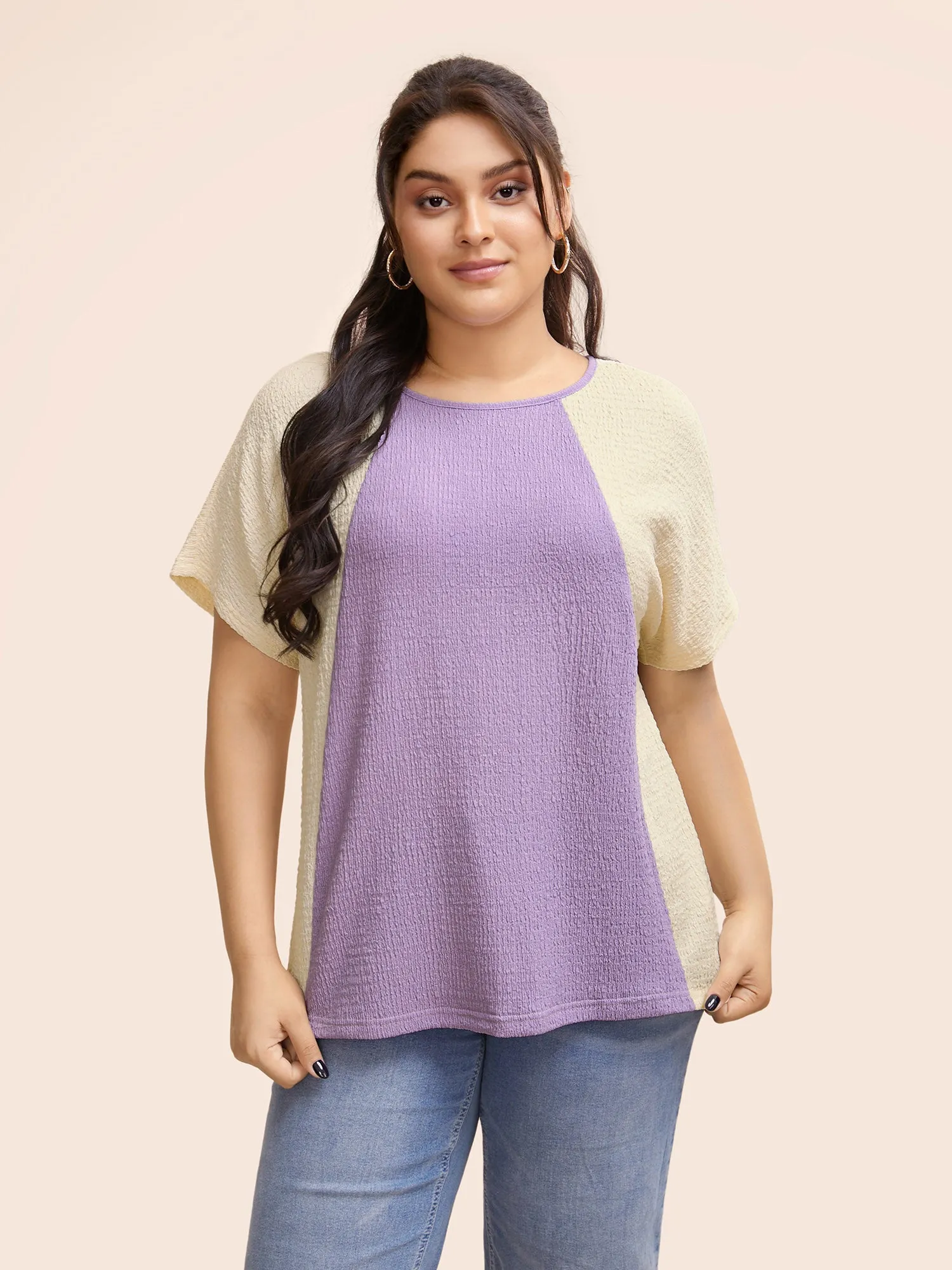Texture Patchwork Contrast Dolman Sleeve T-shirt sold by Bloomchic