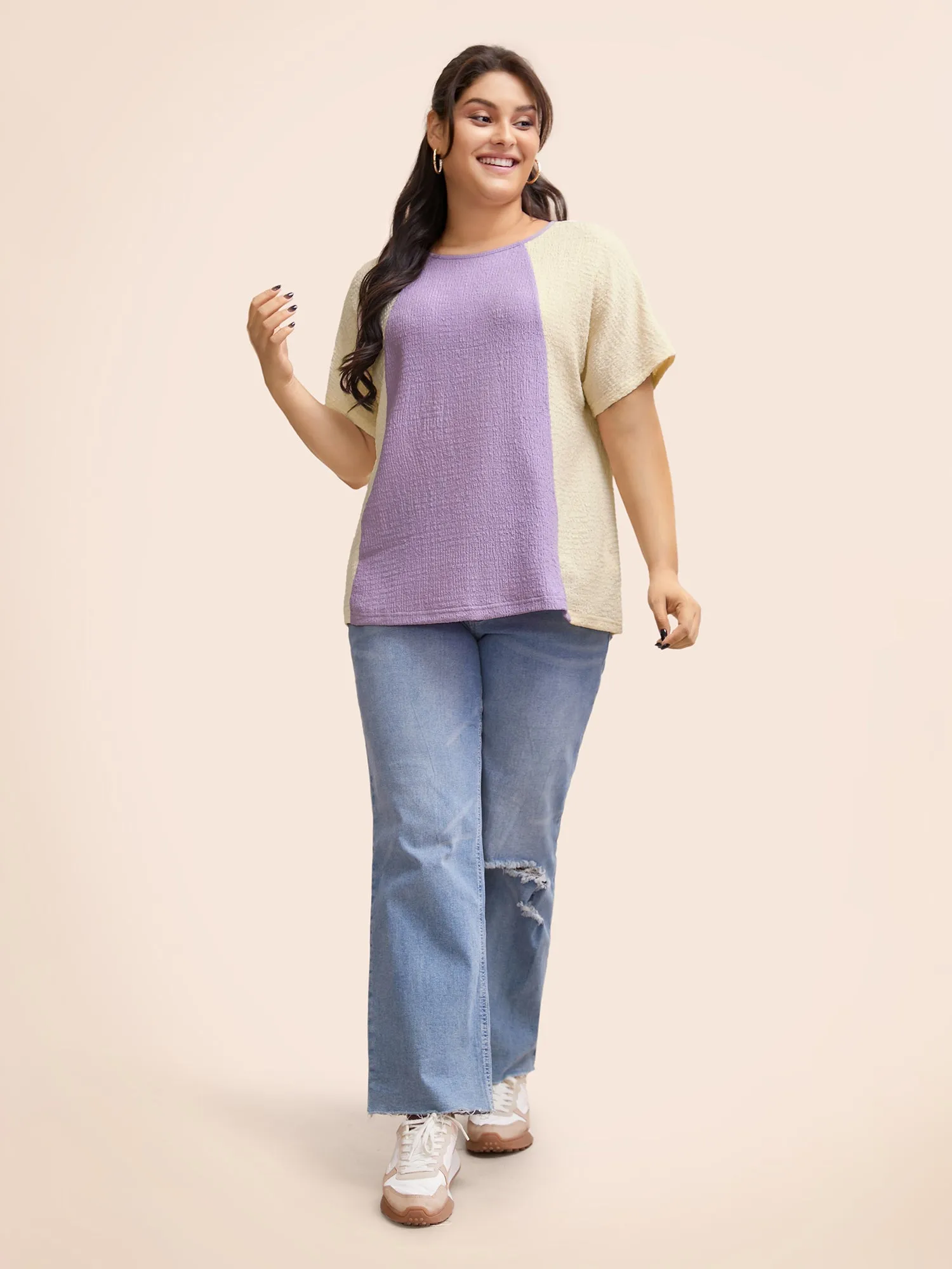 Texture Patchwork Contrast Dolman Sleeve T-shirt sold by Bloomchic product image thumbnail 3