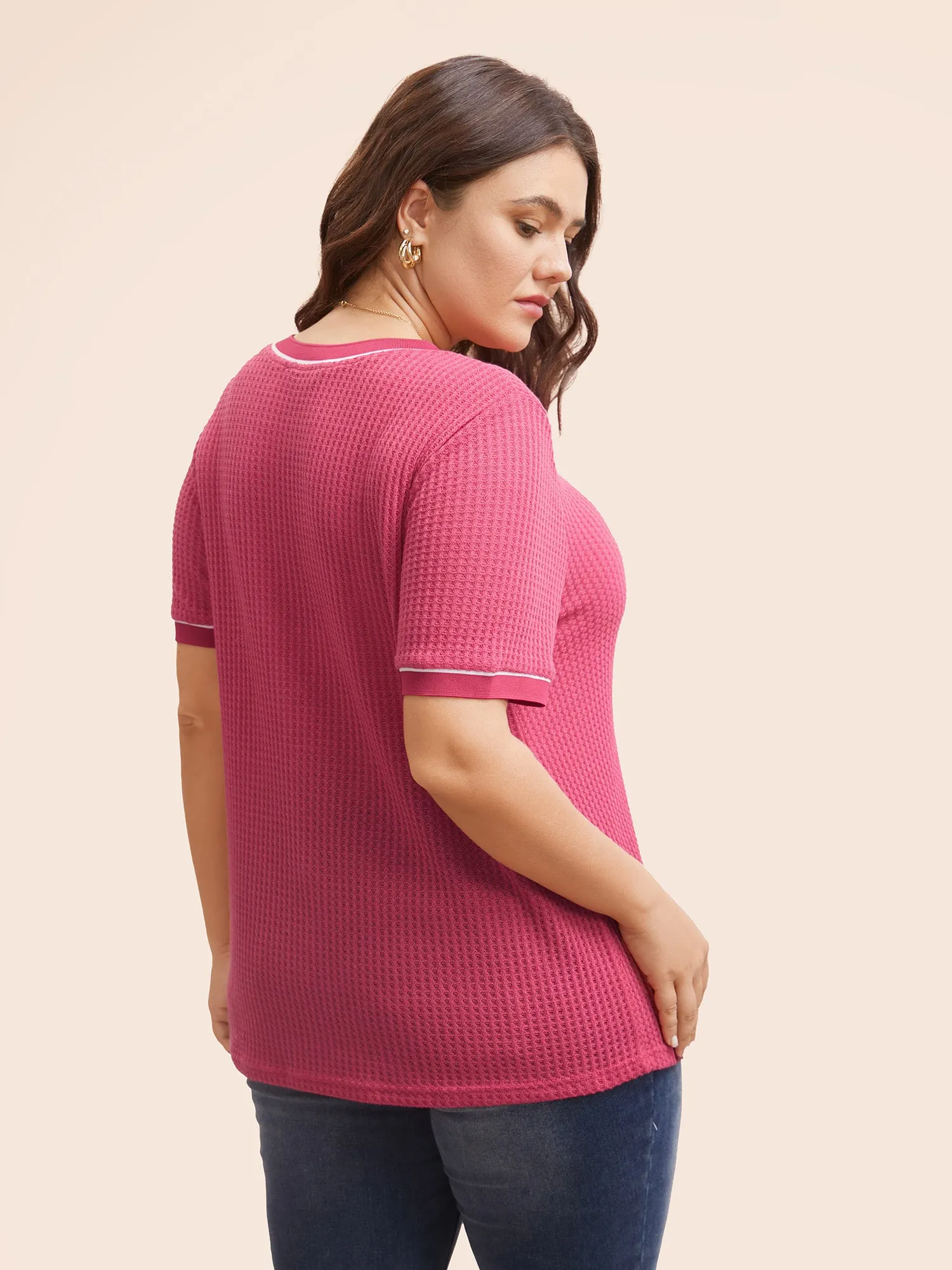 Crew Neck Waffle Knit Contrast Trim T-shirt sold by Bloomchic product image thumbnail 2