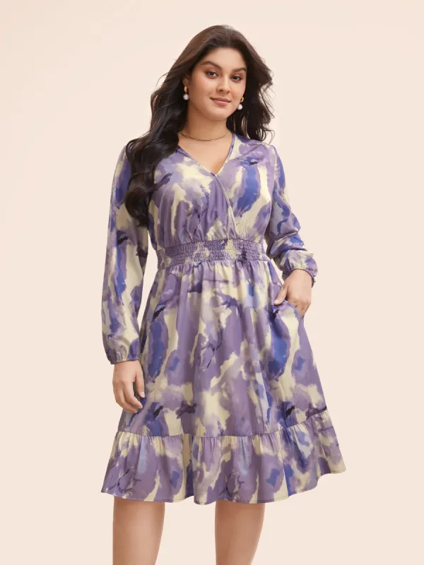 Brush Print Overlap Collar Ruffles Shirred Dress sold by Bloomchic