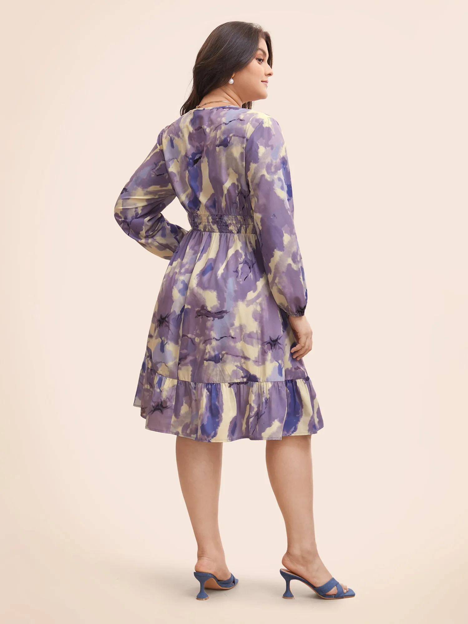 Brush Print Overlap Collar Ruffles Shirred Dress sold by Bloomchic product image thumbnail 3