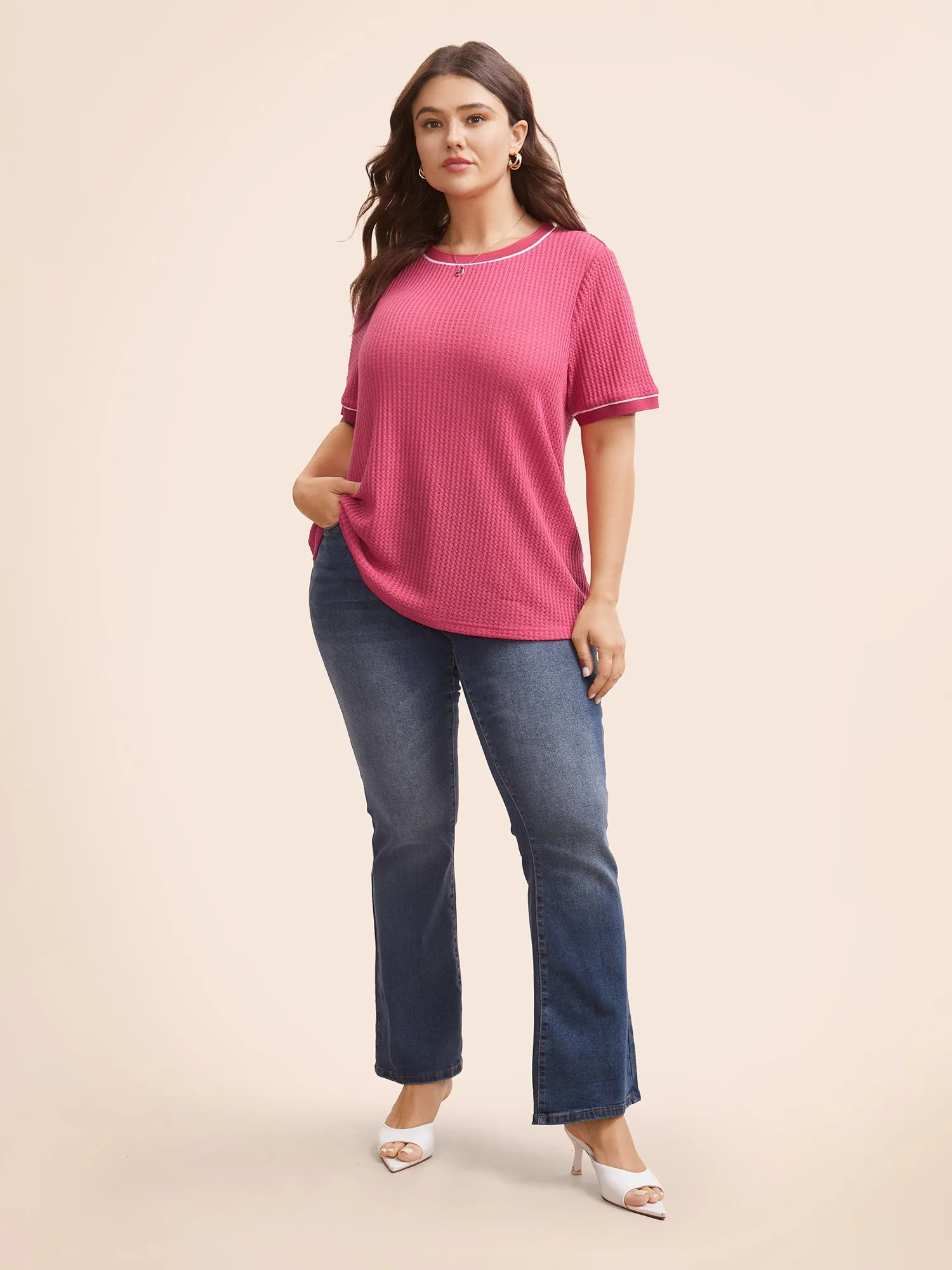 Crew Neck Waffle Knit Contrast Trim T-shirt sold by Bloomchic product image thumbnail 3