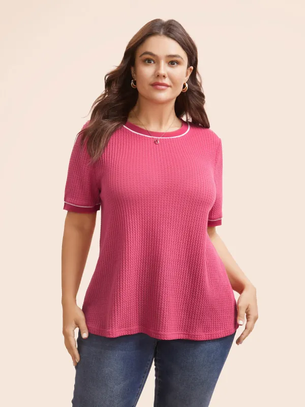 Crew Neck Waffle Knit Contrast Trim T-shirt sold by Bloomchic