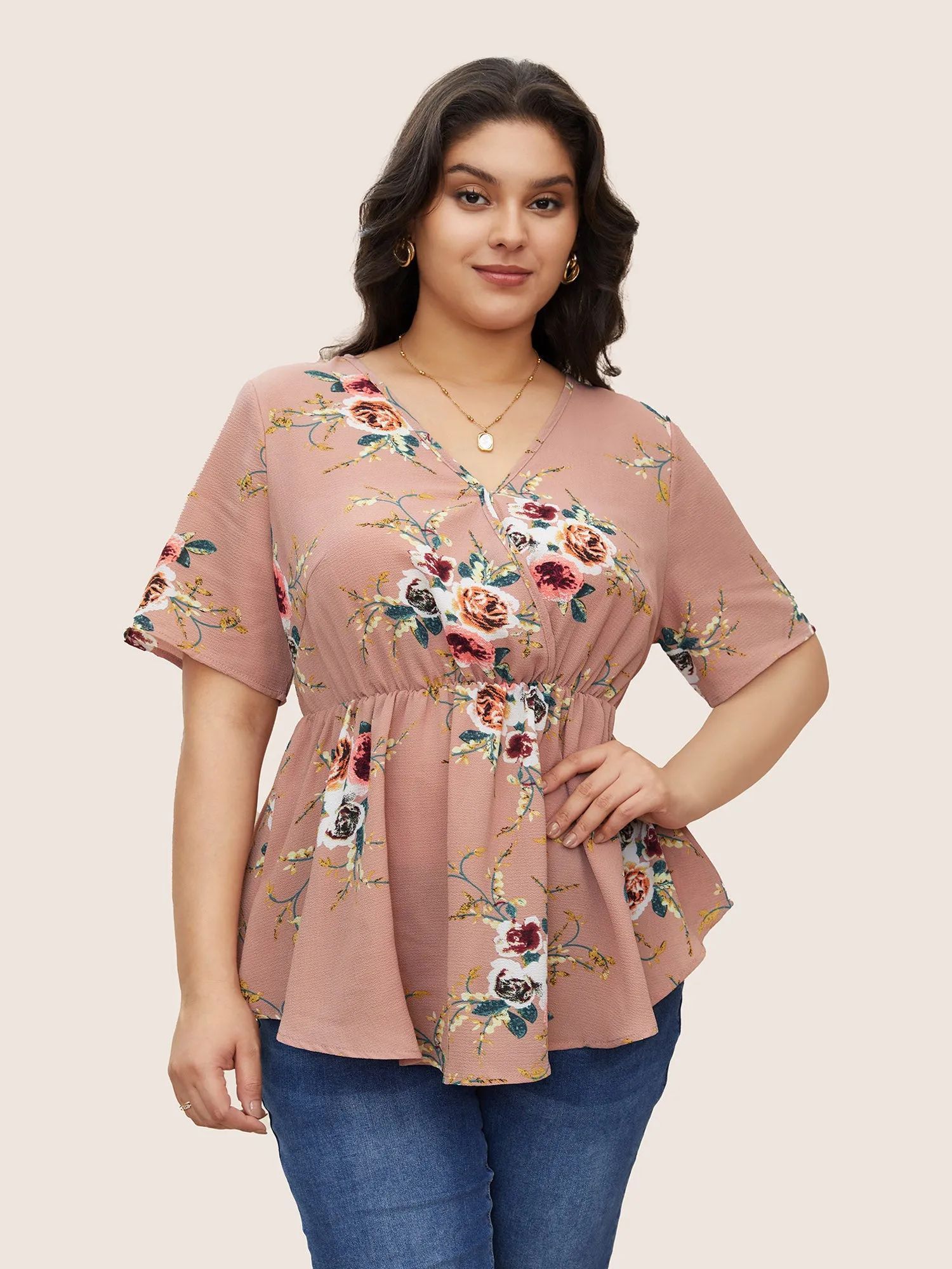 Floral Print Wrap Ruffles Asymmetrical Hem Blouse sold by Bloomchic