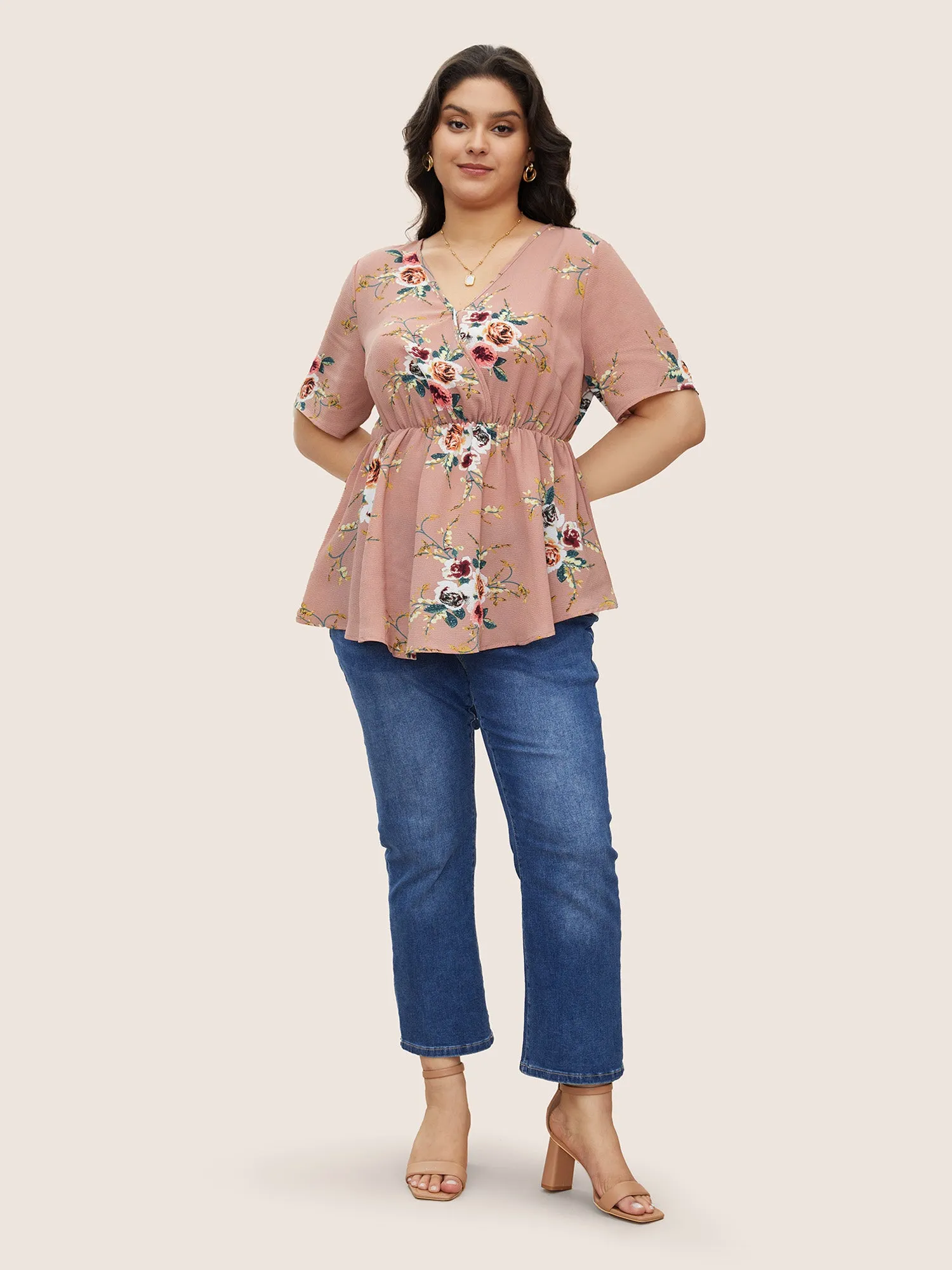 Floral Print Wrap Ruffles Asymmetrical Hem Blouse sold by Bloomchic product image thumbnail 2